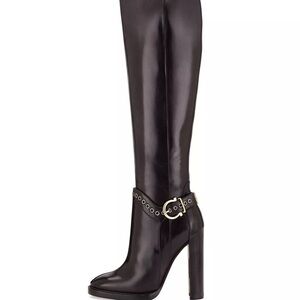 Salvatore Ferragamo Black Leather Over-the-Knee Boots with Gold Buckle